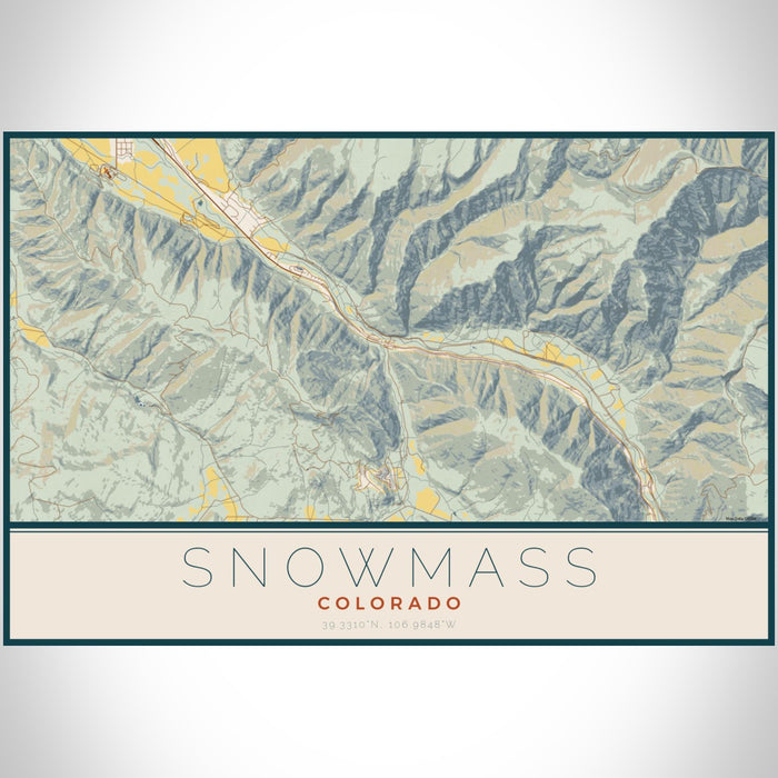 Snowmass Colorado Map Print Landscape Orientation in Woodblock Style With Shaded Background
