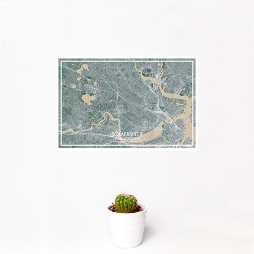 12x18 Somerville Massachusetts Map Print Landscape Orientation in Afternoon Style With Small Cactus Plant in White Planter