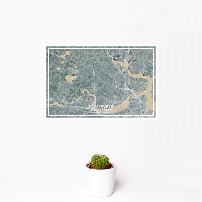 12x18 Somerville Massachusetts Map Print Landscape Orientation in Afternoon Style With Small Cactus Plant in White Planter