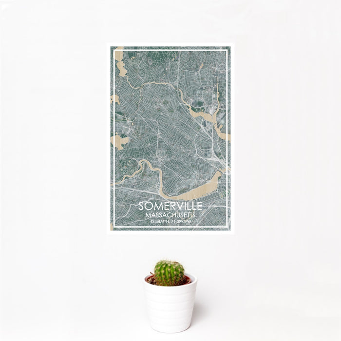 12x18 Somerville Massachusetts Map Print Portrait Orientation in Afternoon Style With Small Cactus Plant in White Planter