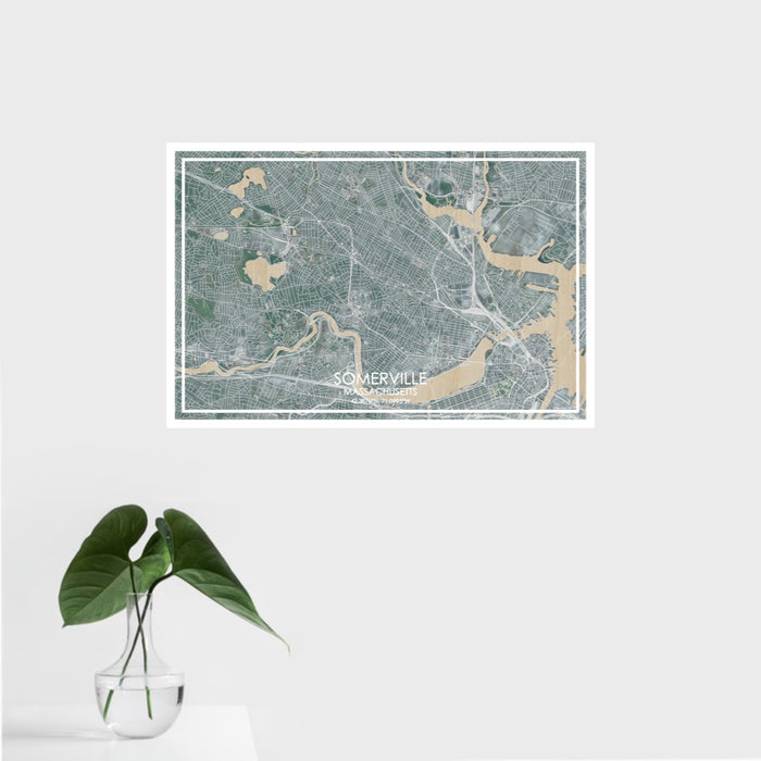 16x24 Somerville Massachusetts Map Print Landscape Orientation in Afternoon Style With Tropical Plant Leaves in Water