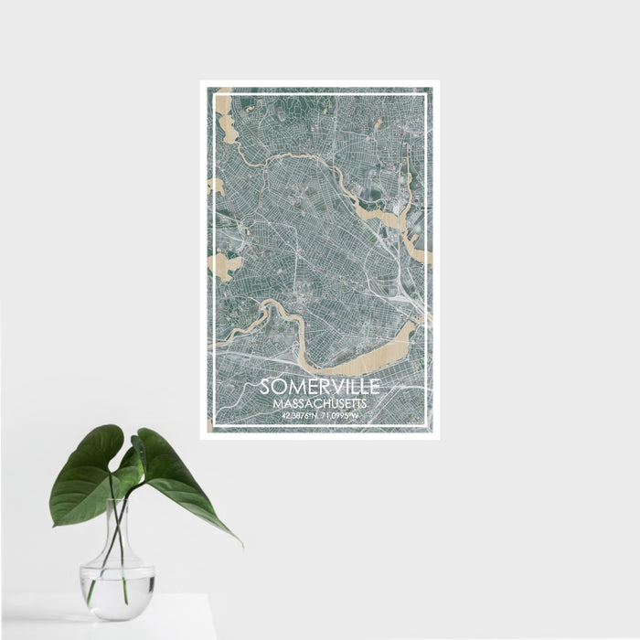 16x24 Somerville Massachusetts Map Print Portrait Orientation in Afternoon Style With Tropical Plant Leaves in Water