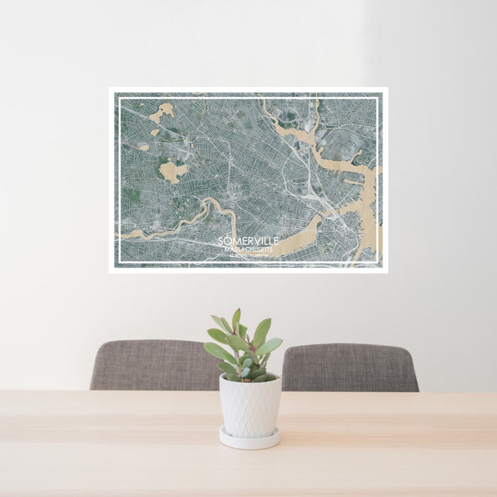 24x36 Somerville Massachusetts Map Print Lanscape Orientation in Afternoon Style Behind 2 Chairs Table and Potted Plant