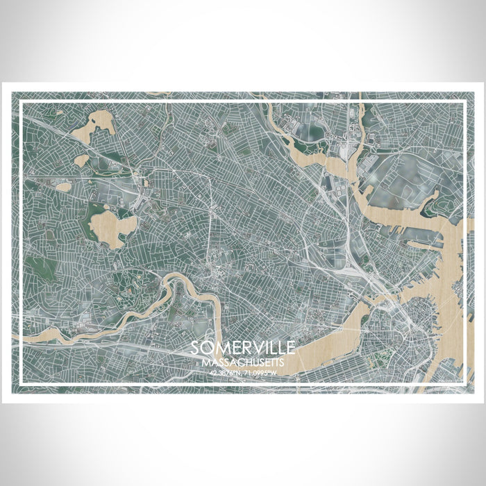 Somerville Massachusetts Map Print Landscape Orientation in Afternoon Style With Shaded Background