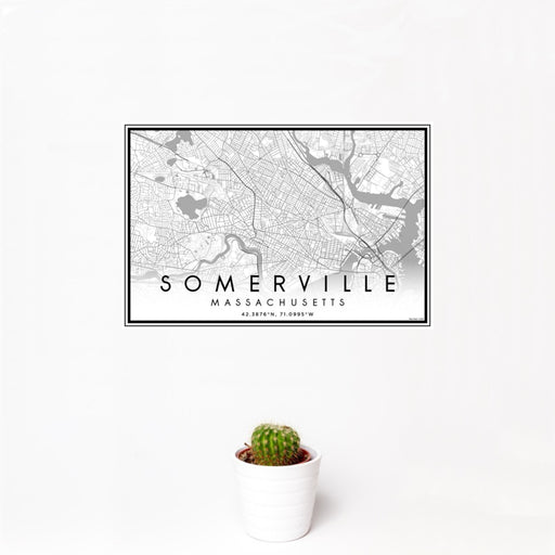 12x18 Somerville Massachusetts Map Print Landscape Orientation in Classic Style With Small Cactus Plant in White Planter