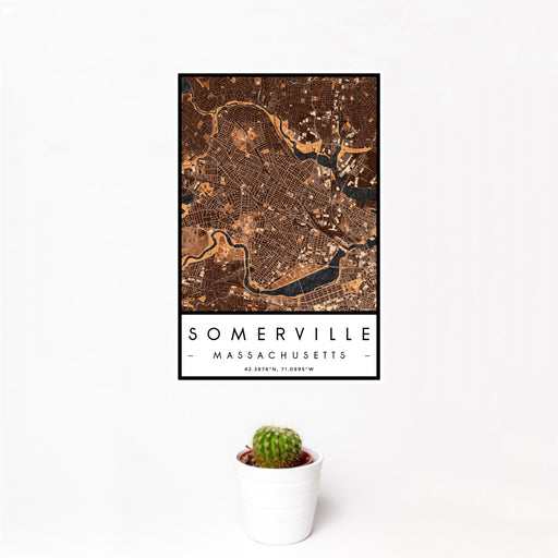 12x18 Somerville Massachusetts Map Print Portrait Orientation in Ember Style With Small Cactus Plant in White Planter