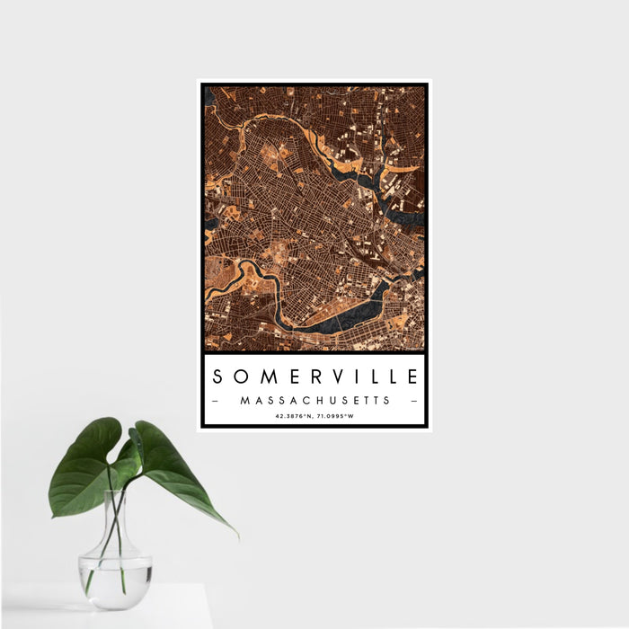 16x24 Somerville Massachusetts Map Print Portrait Orientation in Ember Style With Tropical Plant Leaves in Water