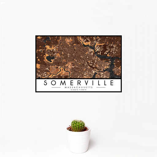 12x18 Somerville Massachusetts Map Print Landscape Orientation in Ember Style With Small Cactus Plant in White Planter