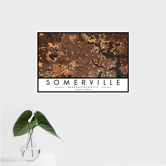 16x24 Somerville Massachusetts Map Print Landscape Orientation in Ember Style With Tropical Plant Leaves in Water