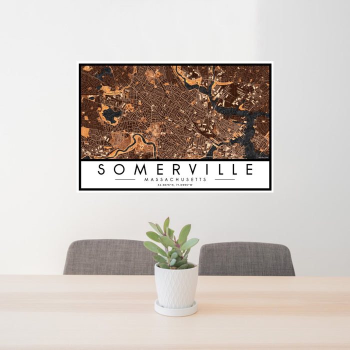 24x36 Somerville Massachusetts Map Print Landscape Orientation in Ember Style Behind 2 Chairs Table and Potted Plant