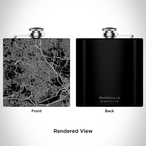 Rendered View of Somerville Massachusetts Map Engraving on 6oz Stainless Steel Flask in Black