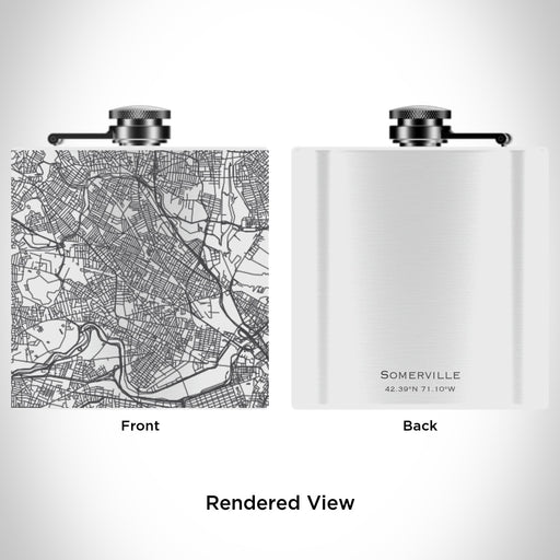 Rendered View of Somerville Massachusetts Map Engraving on 6oz Stainless Steel Flask in White