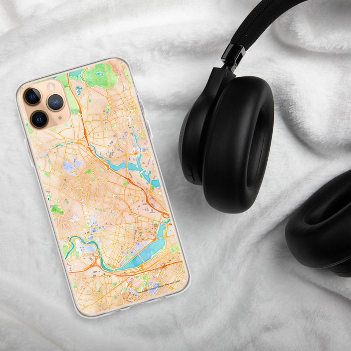 Custom Somerville Massachusetts Map Phone Case in Watercolor on Table with Black Headphones