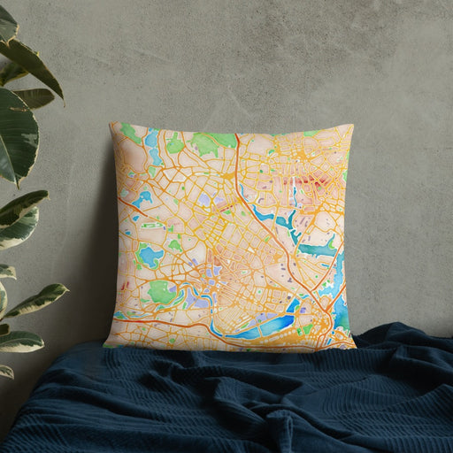 Custom Somerville Massachusetts Map Throw Pillow in Watercolor on Bedding Against Wall