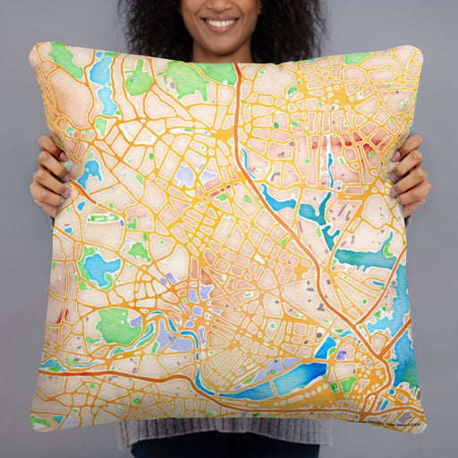 Person holding 22x22 Custom Somerville Massachusetts Map Throw Pillow in Watercolor