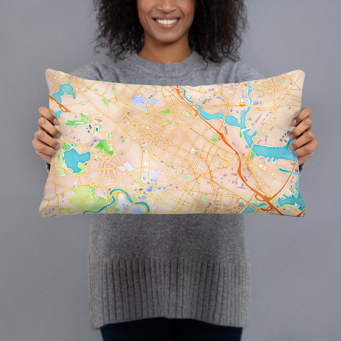 Person holding 20x12 Custom Somerville Massachusetts Map Throw Pillow in Watercolor