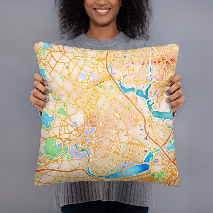 Person holding 18x18 Custom Somerville Massachusetts Map Throw Pillow in Watercolor