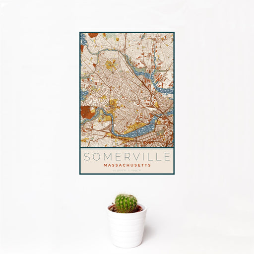 12x18 Somerville Massachusetts Map Print Portrait Orientation in Woodblock Style With Small Cactus Plant in White Planter