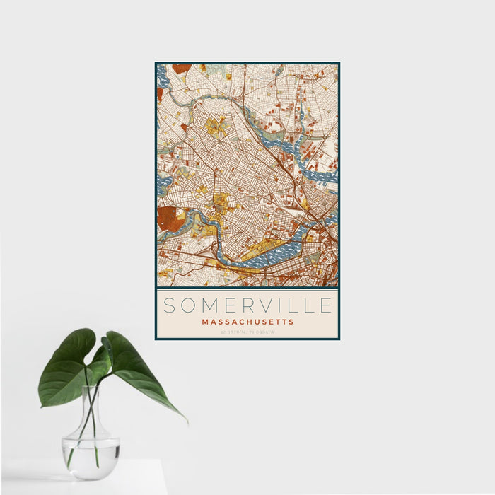 16x24 Somerville Massachusetts Map Print Portrait Orientation in Woodblock Style With Tropical Plant Leaves in Water