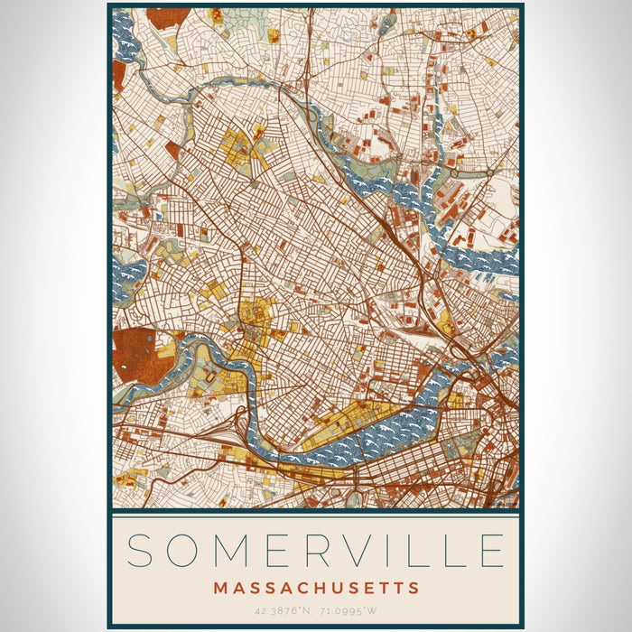 Somerville Massachusetts Map Print Portrait Orientation in Woodblock Style With Shaded Background