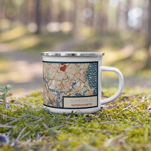Right View Custom Somerville Massachusetts Map Enamel Mug in Woodblock on Grass With Trees in Background