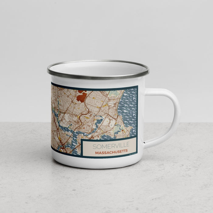 Right View Custom Somerville Massachusetts Map Enamel Mug in Woodblock