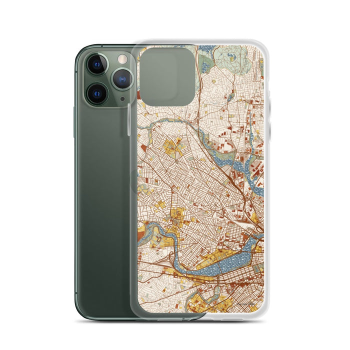 Custom Somerville Massachusetts Map Phone Case in Woodblock on Table with Laptop and Plant