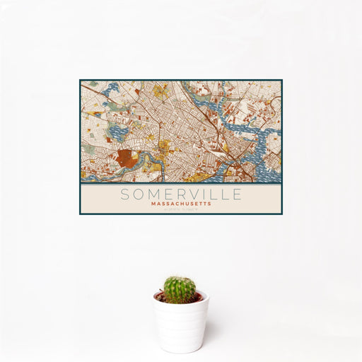12x18 Somerville Massachusetts Map Print Landscape Orientation in Woodblock Style With Small Cactus Plant in White Planter