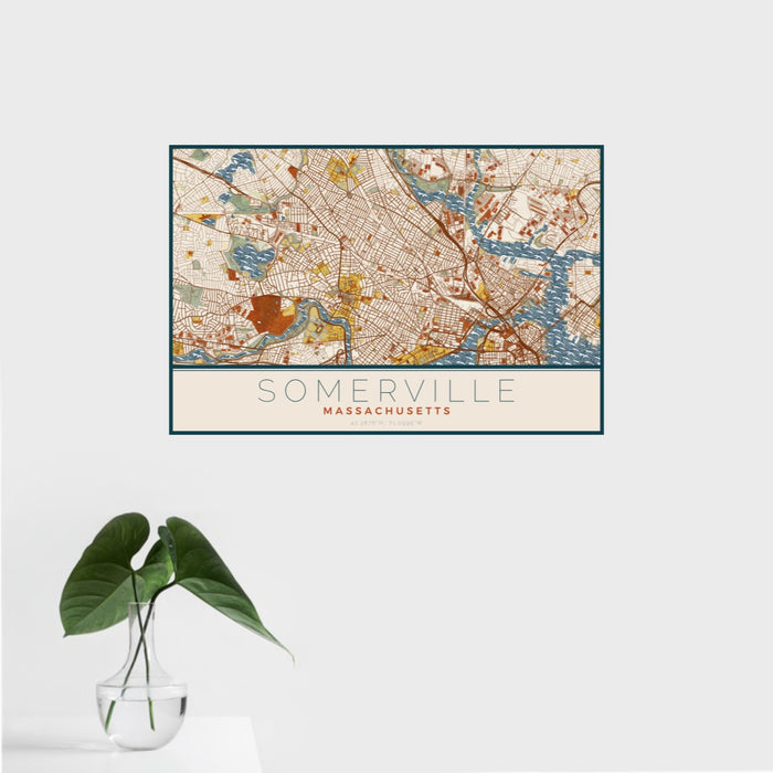 16x24 Somerville Massachusetts Map Print Landscape Orientation in Woodblock Style With Tropical Plant Leaves in Water