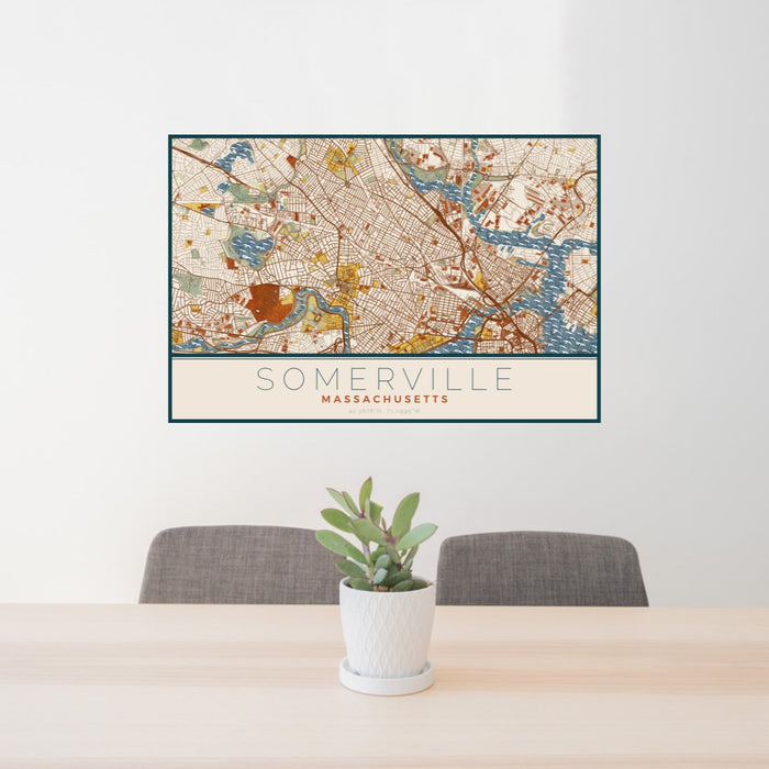 24x36 Somerville Massachusetts Map Print Landscape Orientation in Woodblock Style Behind 2 Chairs Table and Potted Plant