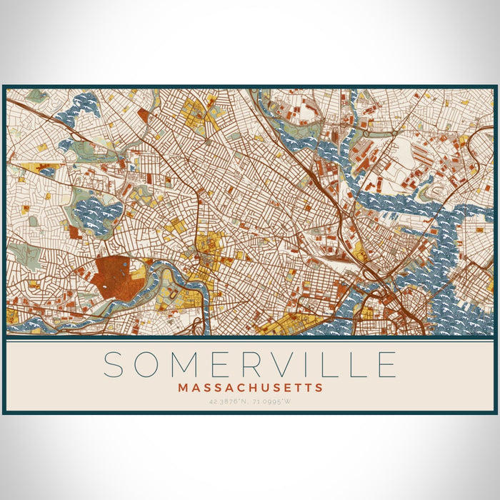 Somerville Massachusetts Map Print Landscape Orientation in Woodblock Style With Shaded Background