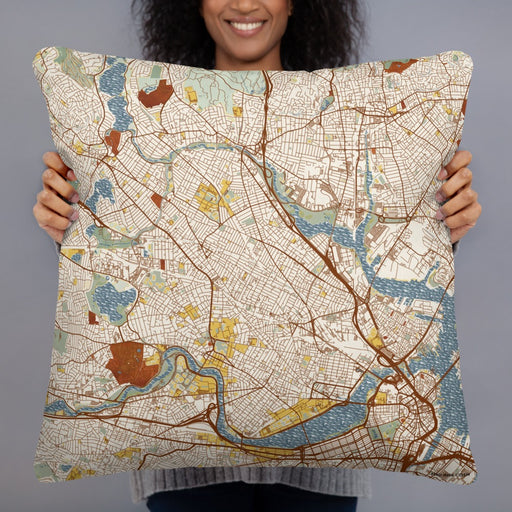 Person holding 22x22 Custom Somerville Massachusetts Map Throw Pillow in Woodblock