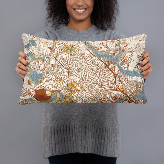 Person holding 20x12 Custom Somerville Massachusetts Map Throw Pillow in Woodblock