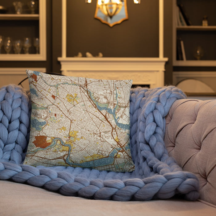 Custom Somerville Massachusetts Map Throw Pillow in Woodblock on Cream Colored Couch