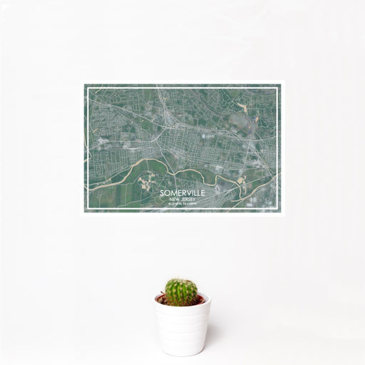 12x18 Somerville New Jersey Map Print Landscape Orientation in Afternoon Style With Small Cactus Plant in White Planter