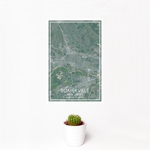 12x18 Somerville New Jersey Map Print Portrait Orientation in Afternoon Style With Small Cactus Plant in White Planter