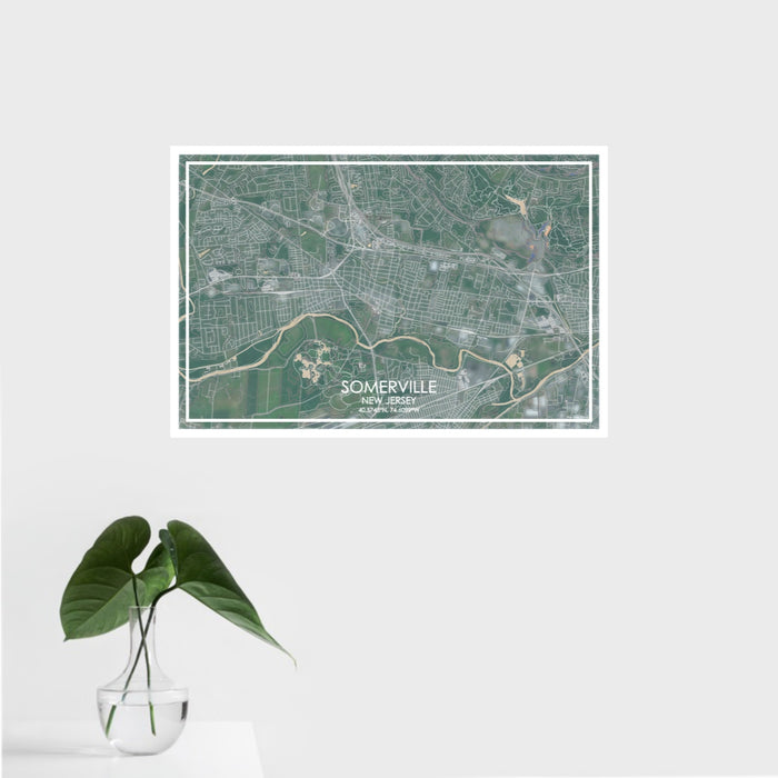 16x24 Somerville New Jersey Map Print Landscape Orientation in Afternoon Style With Tropical Plant Leaves in Water