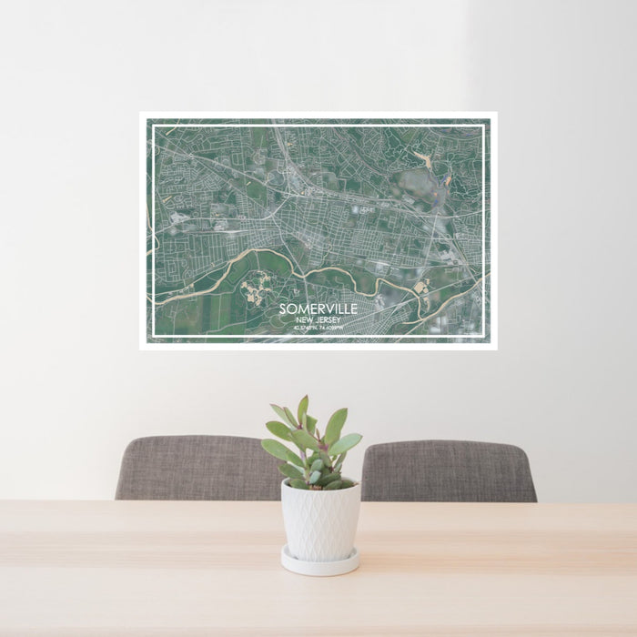 24x36 Somerville New Jersey Map Print Lanscape Orientation in Afternoon Style Behind 2 Chairs Table and Potted Plant