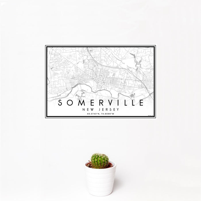 12x18 Somerville New Jersey Map Print Landscape Orientation in Classic Style With Small Cactus Plant in White Planter