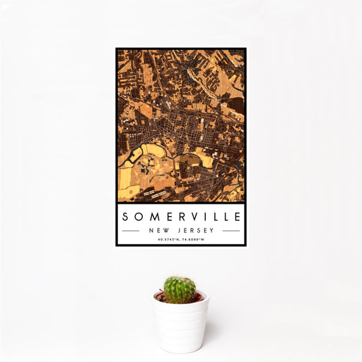 12x18 Somerville New Jersey Map Print Portrait Orientation in Ember Style With Small Cactus Plant in White Planter
