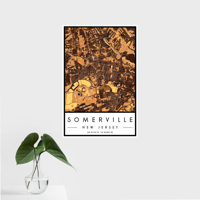16x24 Somerville New Jersey Map Print Portrait Orientation in Ember Style With Tropical Plant Leaves in Water