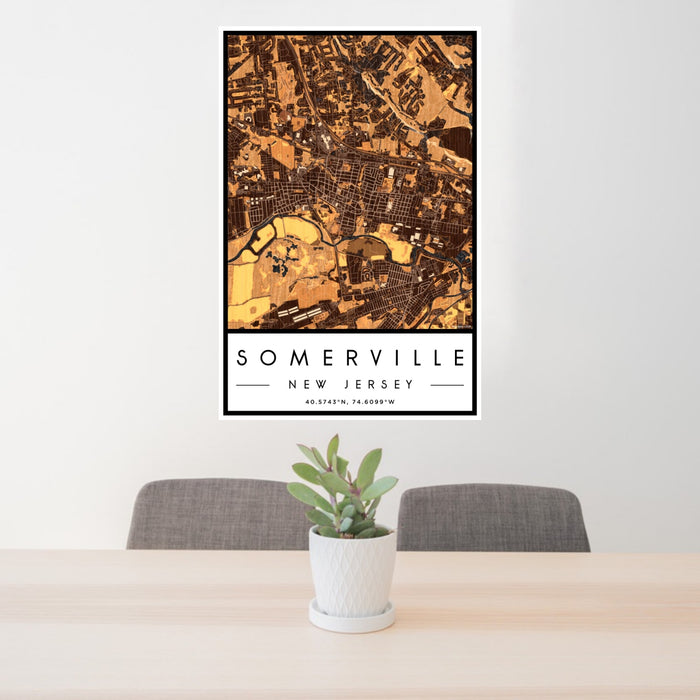 24x36 Somerville New Jersey Map Print Portrait Orientation in Ember Style Behind 2 Chairs Table and Potted Plant