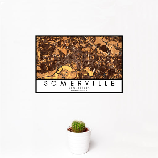 12x18 Somerville New Jersey Map Print Landscape Orientation in Ember Style With Small Cactus Plant in White Planter