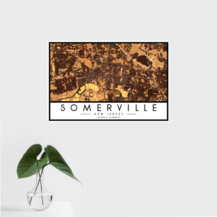 16x24 Somerville New Jersey Map Print Landscape Orientation in Ember Style With Tropical Plant Leaves in Water