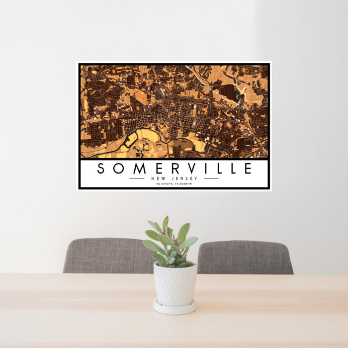 24x36 Somerville New Jersey Map Print Landscape Orientation in Ember Style Behind 2 Chairs Table and Potted Plant