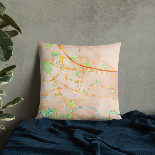 Custom Somerville New Jersey Map Throw Pillow in Watercolor on Bedding Against Wall