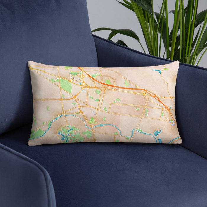 Custom Somerville New Jersey Map Throw Pillow in Watercolor on Blue Colored Chair