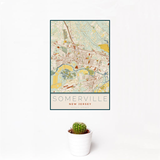 12x18 Somerville New Jersey Map Print Portrait Orientation in Woodblock Style With Small Cactus Plant in White Planter