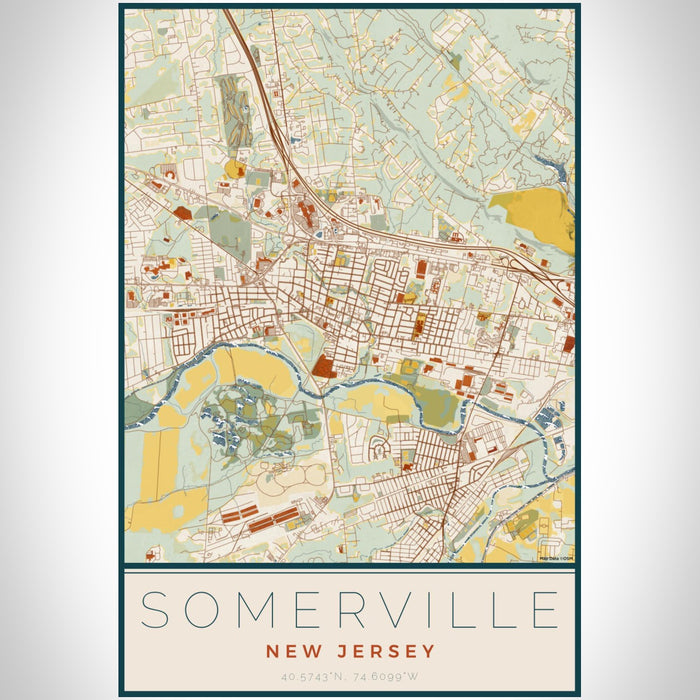 Somerville New Jersey Map Print Portrait Orientation in Woodblock Style With Shaded Background