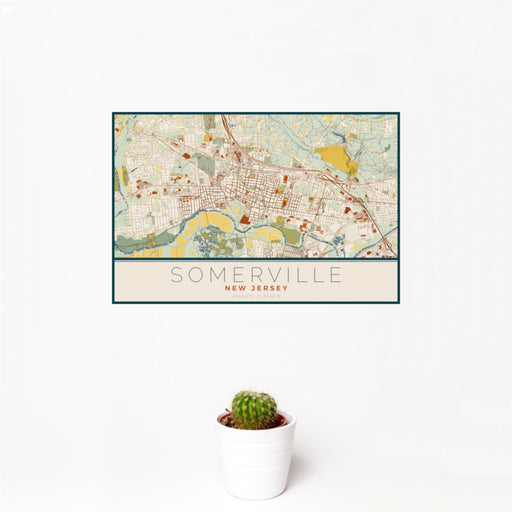 12x18 Somerville New Jersey Map Print Landscape Orientation in Woodblock Style With Small Cactus Plant in White Planter